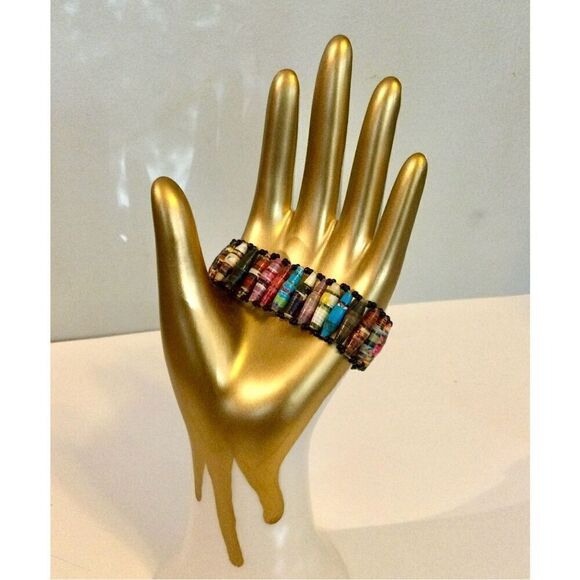 Vintage Womens Multicolor Handmade Recycled Paper Beaded Wristband Bracelet - Picture 3 of 7